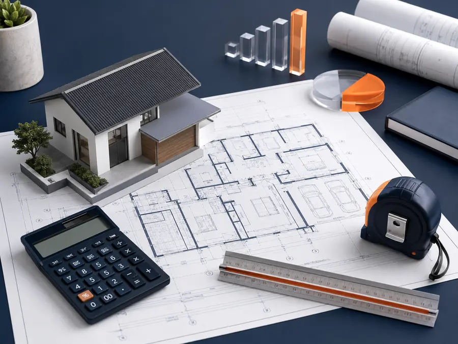 Planta de uma residência com calculadora, régua e maquete de casa