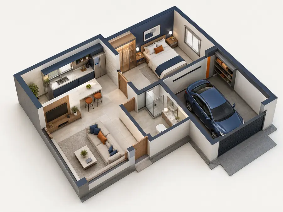 Casa em perspectiva mostrando sala, cozinha, quarto, banheiro e garagem